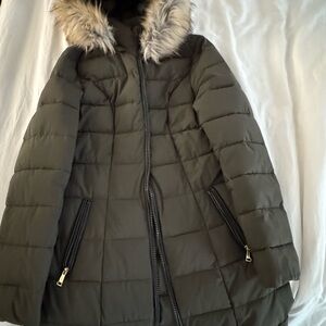 Laundry By Shelli Segal Olive Puffer Jacket with Faux Fur Hood